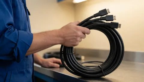 Technician in blue uniform holding black HDMI cable roll in repair shop with warm light and blurred background