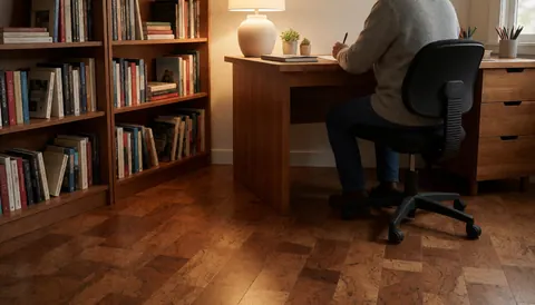 Office space featuring a cork floor, wooden desk, bookshelf with books, and a person working under warm lamp light