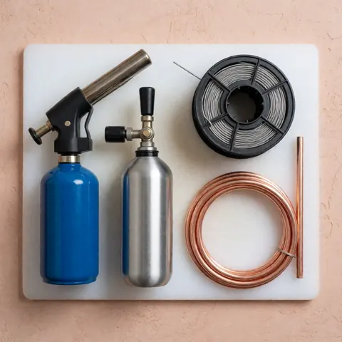 Soldering kit for refrigerator repair including copper tubing, roller coil, gas tank, and tools arranged on a white surface.