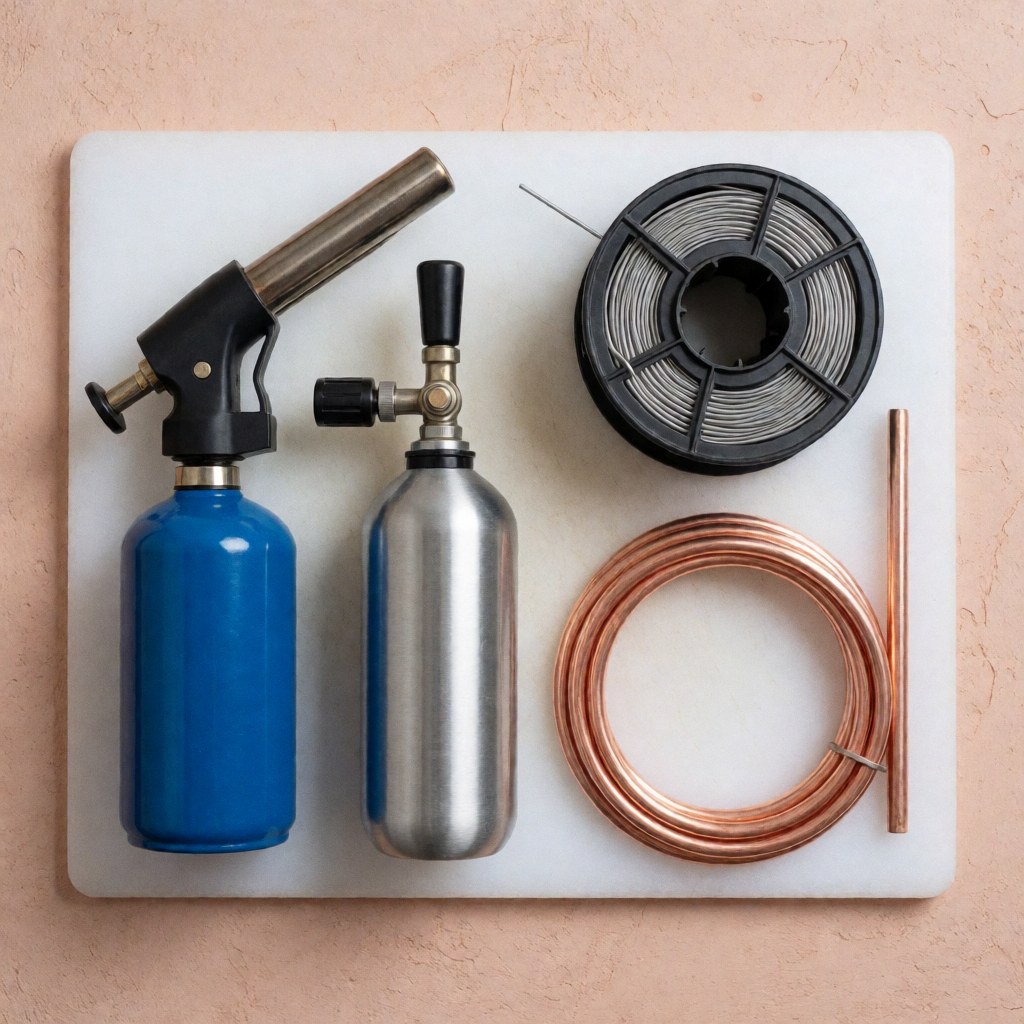 Soldering kit for refrigerator repair including copper tubing, roller coil, gas tank, and tools arranged on a white surface.