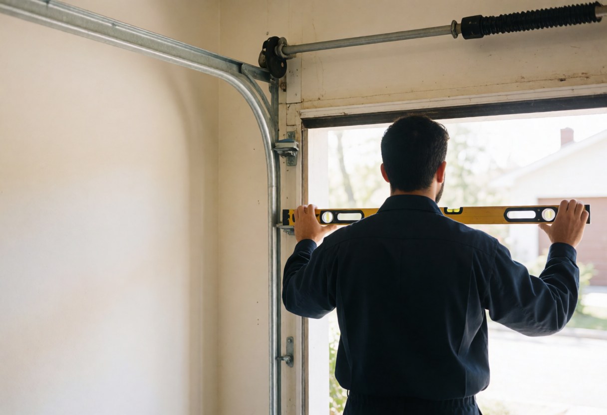 A technician measures the alignment of a garage door using a level tool inside a garage with white walls and natural light.
