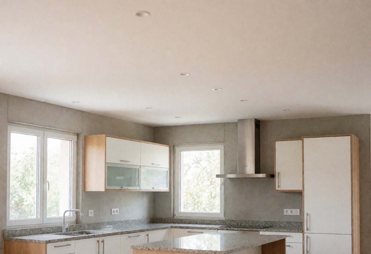 Open modern kitchen featuring white cabinets, granite countertops, concrete walls, and windows with natural light, ideal for kitchen appliance repair services.