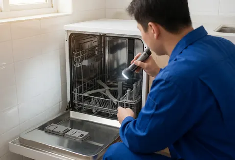 Technician in blue uniform inspects open dishwasher interior with flashlight in tiled kitchen with natural daylight