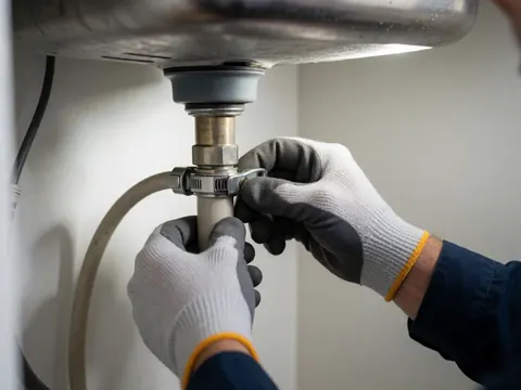 Close-up of gloved hands using a wrench to tighten a drain pipe connection under a kitchen sink against a white background
