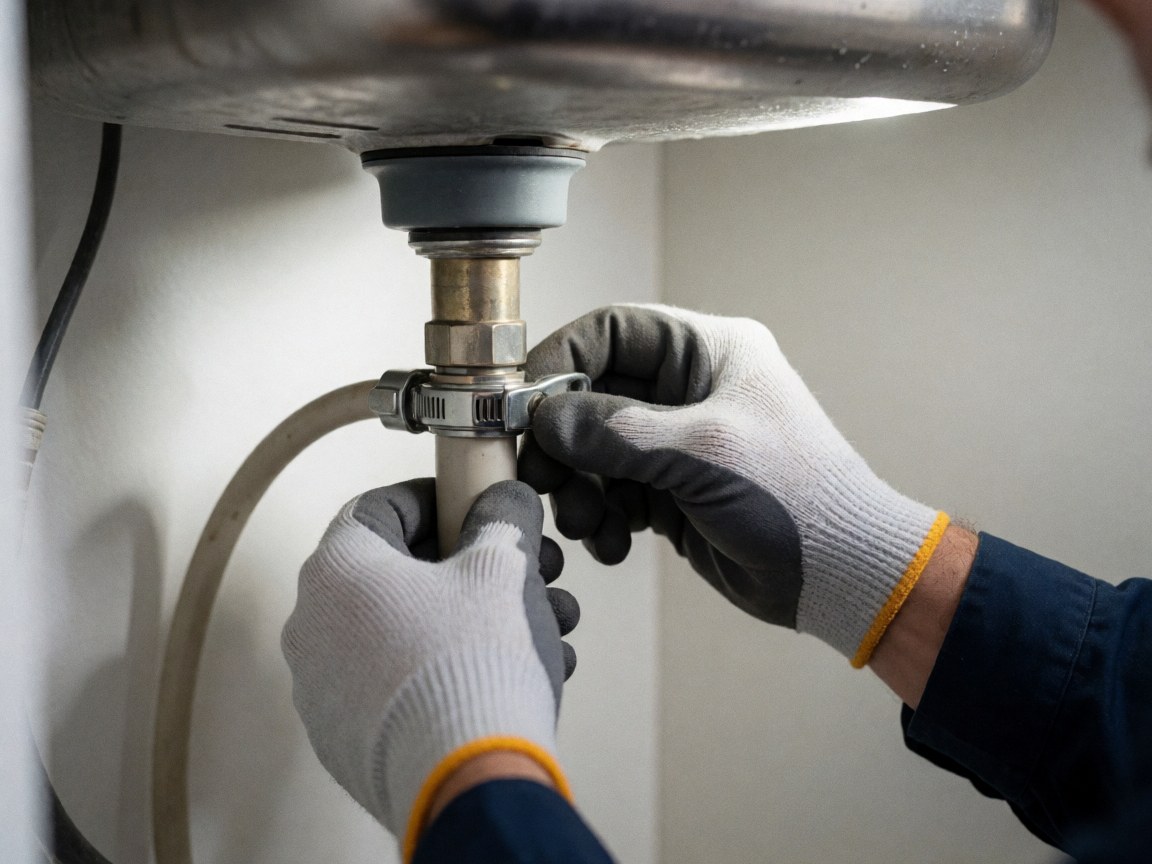Close-up of gloved hands using a wrench to tighten a drain pipe connection under a kitchen sink against a white background