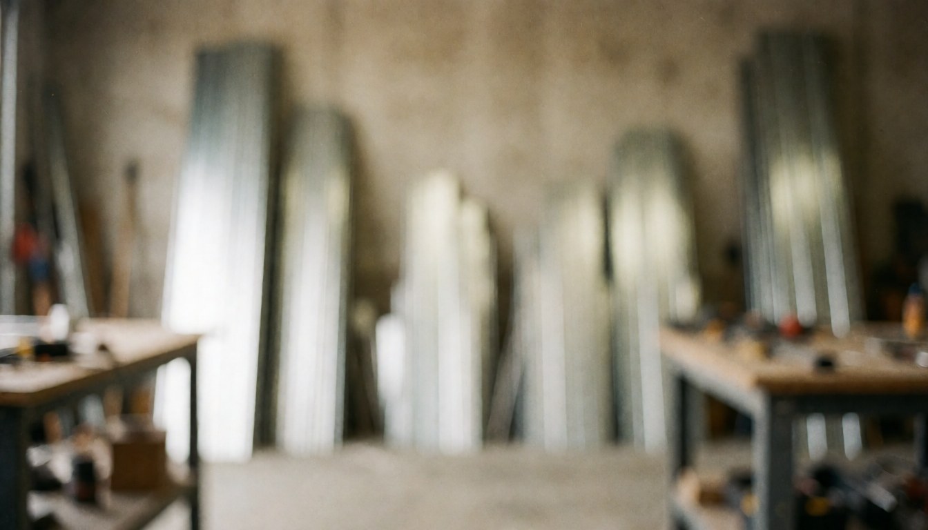Out of focus garage door installation workshop featuring stacked metal panels and work tables, serving as a professional background for commercial text overlays.