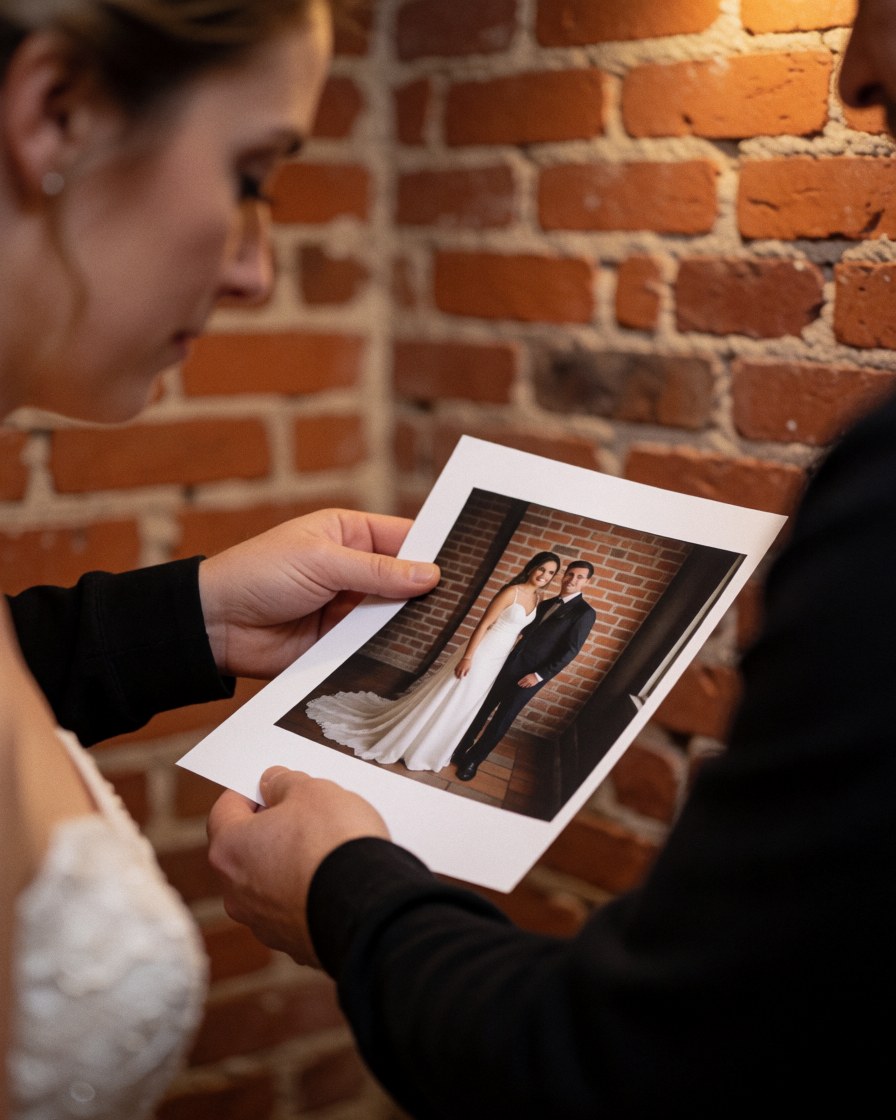 A wedding photographer hands a printed photo proof to a bride against a brick wall, showing a professional and warm interaction.