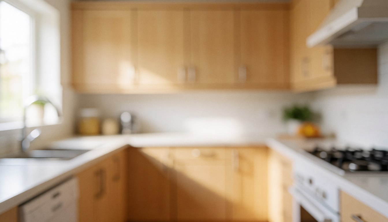 Residential kitchen featuring light wood cabinets, a white countertop, and appliances with a blurred background for text overlay and warm natural lighting.