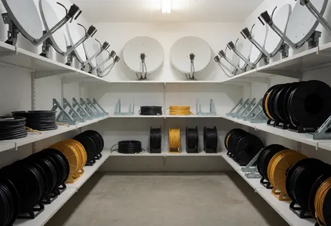 Well-organized antenna installer warehouse featuring white shelving units, satellite antennas, and neatly stacked black and yellow cable spools.