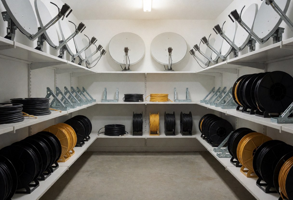 Well-organized antenna installer warehouse featuring white shelving units, satellite antennas, and neatly stacked black and yellow cable spools.