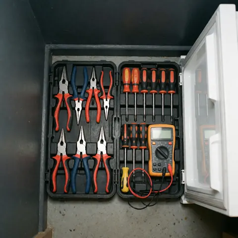 Neatly arranged appliance repair tools including wrenches, pliers, screwdrivers, and a multimeter in a case on a kitchen counter.