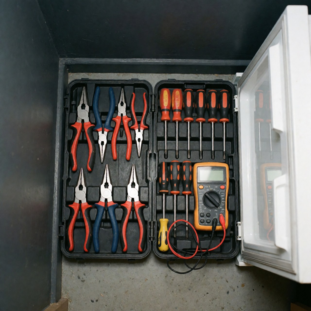 Neatly arranged appliance repair tools including wrenches, pliers, screwdrivers, and a multimeter in a case on a kitchen counter.