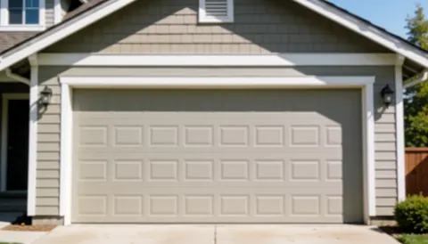 Front view of a house featuring a closed beige garage door, wood siding, and side lanterns, providing a clean background for business text.