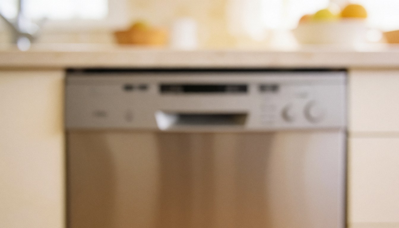 Soft focus background of a built-in dishwasher in a clean kitchen with warm lighting, suitable for commercial text overlays.
