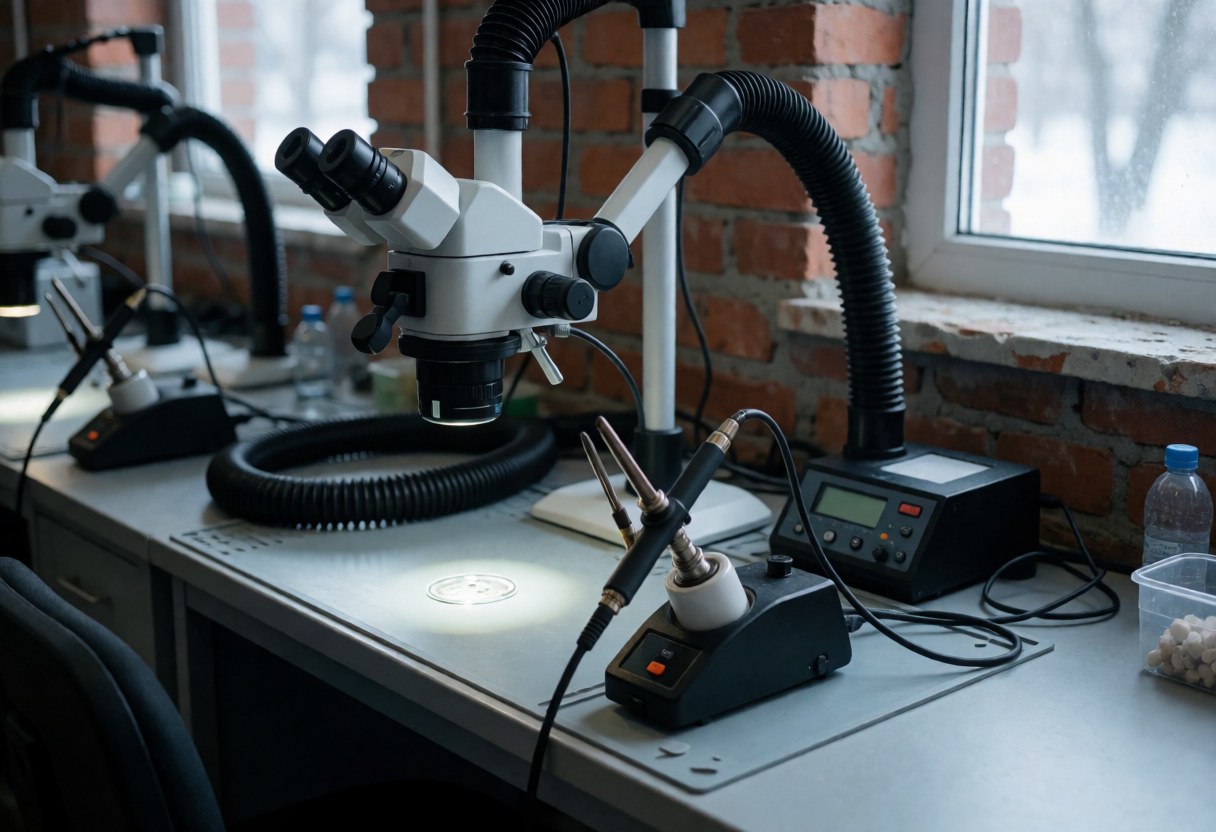 Microsoldering station with microscope and fume extractor on a clean workbench in a phone repair shop