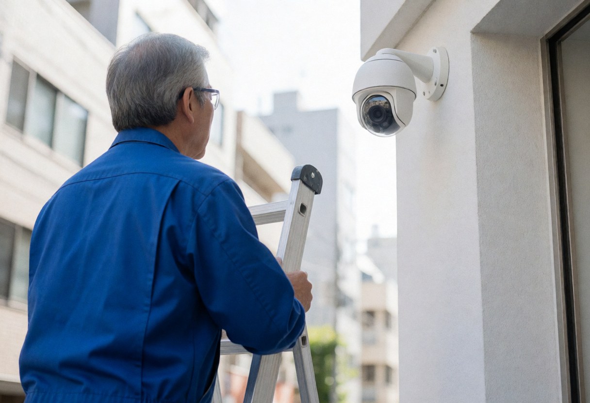 A technician in a blue uniform installs a white security camera on a building corner using a ladder, with a blurred urban background.