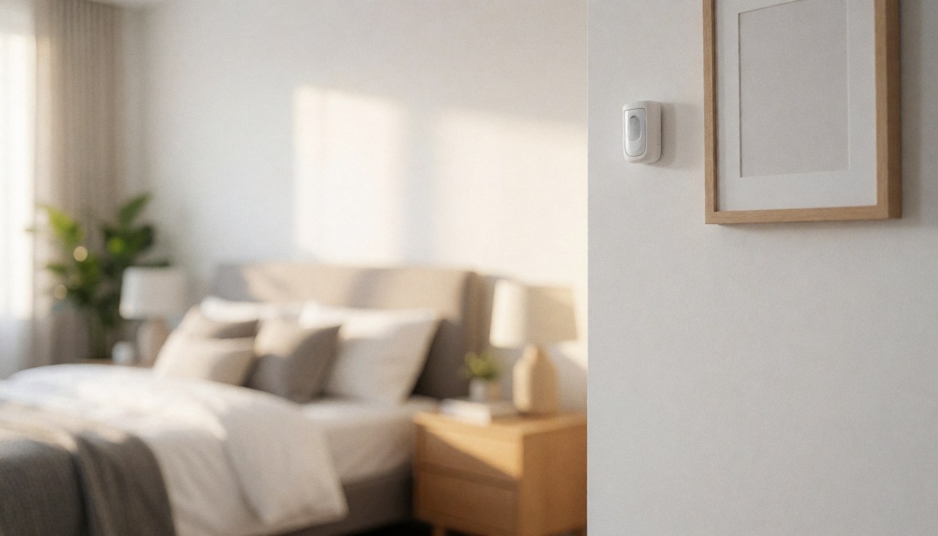 A white motion sensor mounted on a white wall in a modern bedroom with a blurred bed and nightstand, soft morning light, and a minimalist secure atmosphere.