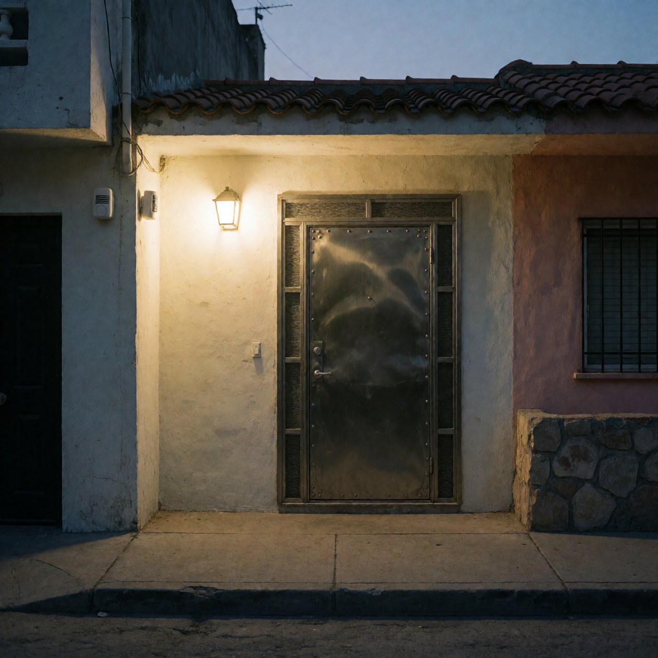 Reinforced iron door with metal hinges illuminated by warm streetlight at a rustic home entrance