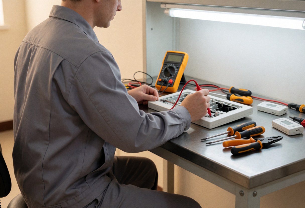 Technician in gray uniform inspects an alarm panel using a multimeter, with tools and sensors on a metal table in a well-lit workshop.
