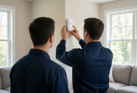 Technician in blue uniform installing a white motion sensor on a wall in a living room with a sofa and windows.