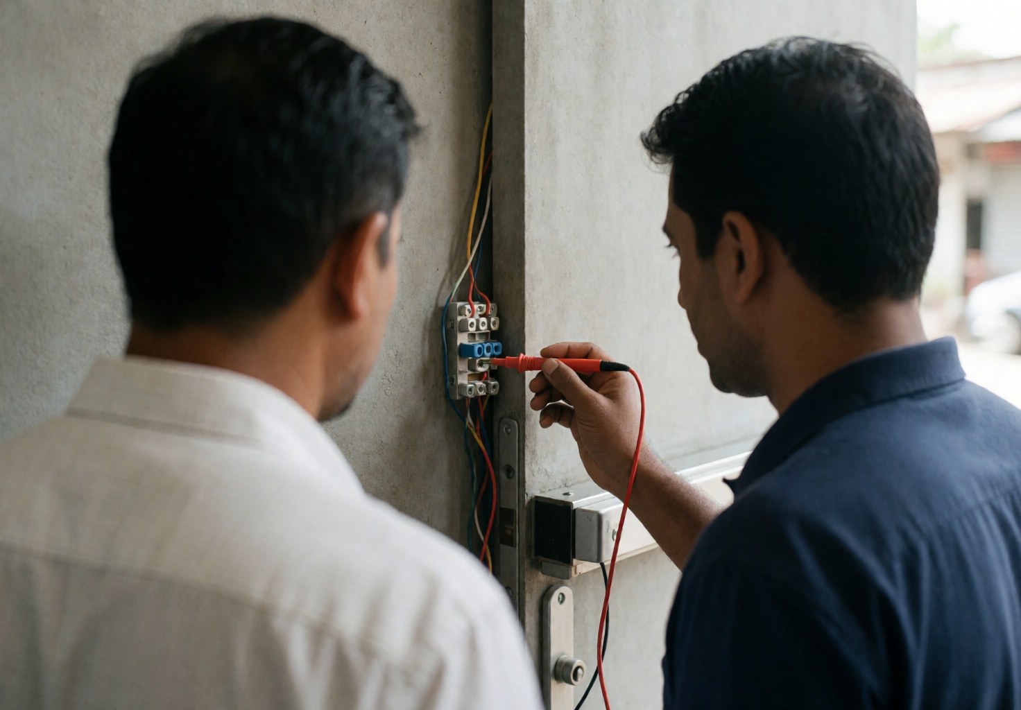 A technician uses a multimeter to test an electrical wall connection while another man observes closely against a concrete background with exposed wires.