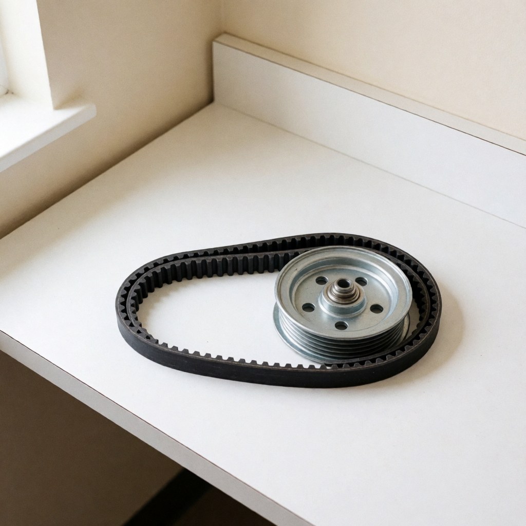 Black rubber dryer belt and metal pulley on a clean white table with natural light for appliance repair