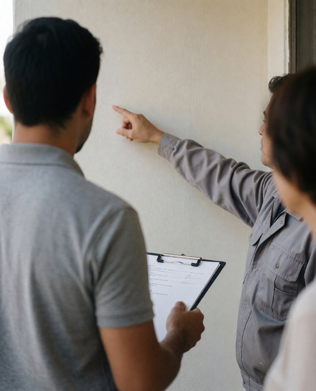 Worker in gray uniform points to a smooth painted wall while a client with a portfolio reviews the wall repair work in natural light.