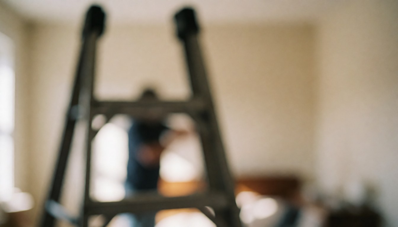 Out-of-focus ladder in the foreground with a blurred background of walls and room, suitable for wall repair text overlays