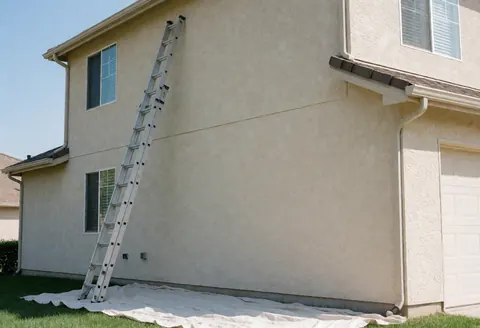 Aluminum ladder resting against a beige stucco exterior wall with a white tablecloth on the grass nearby, suitable for wall repair services