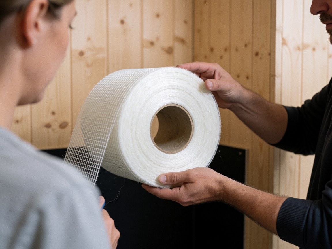 A professional holds a roll of fiberglass mesh for wall repair while a client watches, showing the fabric texture against a dark background.