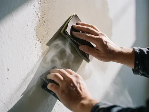 Close-up of adult hands using sandpaper on a wall, generating fine dust with visible texture under bright light highlighting the manual repair work