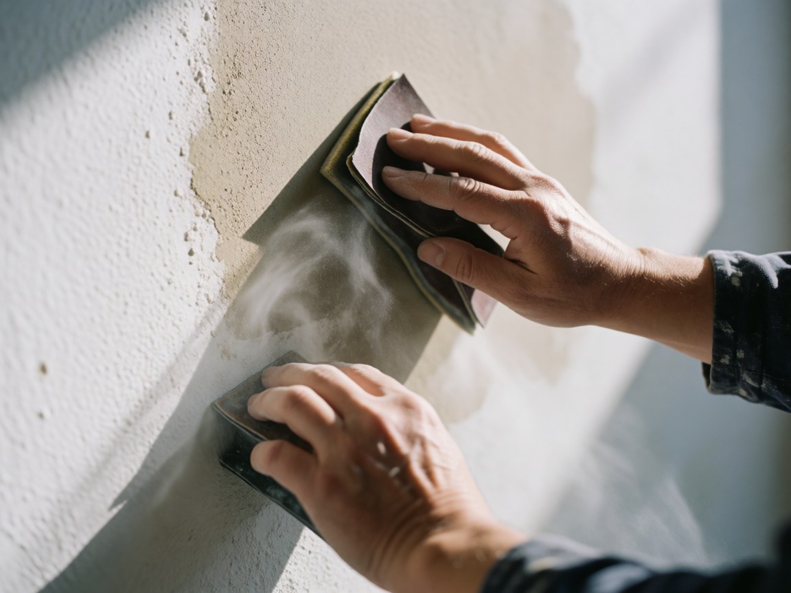 Close-up of adult hands using sandpaper on a wall, generating fine dust with visible texture under bright light highlighting the manual repair work