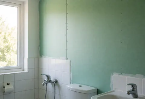 Freshly installed green wall in a bathroom next to white tiles and a window with natural light, ready for renovation.