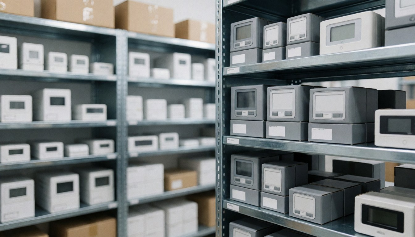 Professional background of metal shelving units holding security sensors and cardboard boxes, suitable for alarm repair service text overlays