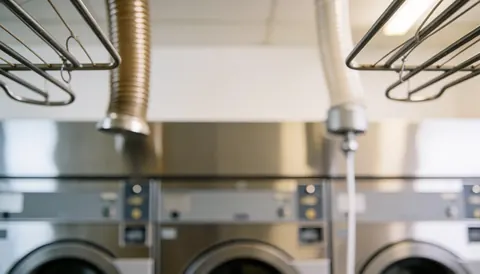 Blurred background of an industrial laundromat featuring dryers, pipes, and metal hooks, ideal for commercial text overlays.