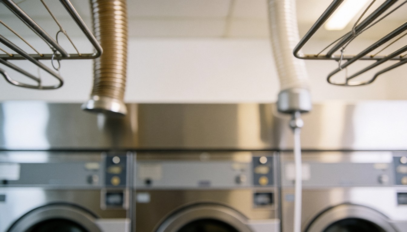 Blurred background of an industrial laundromat featuring dryers, pipes, and metal hooks, ideal for commercial text overlays.