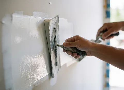 Close-up of a hand using a trowel to apply white primer to a smooth drywall surface for wall repair
