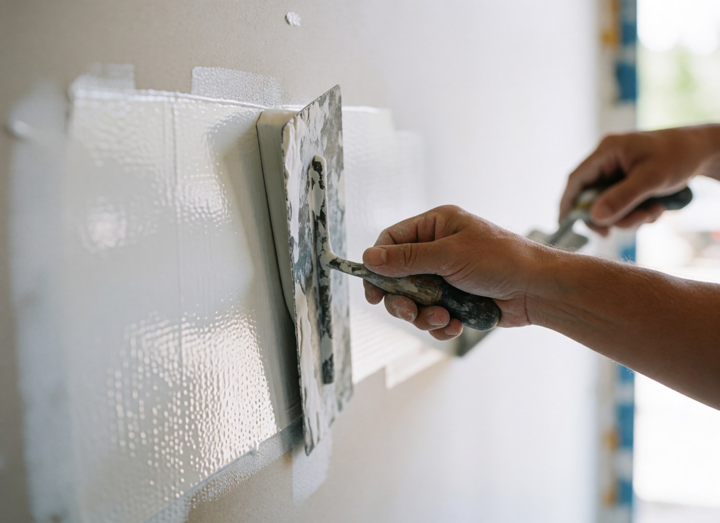Close-up of a hand using a trowel to apply white primer to a smooth drywall surface for wall repair