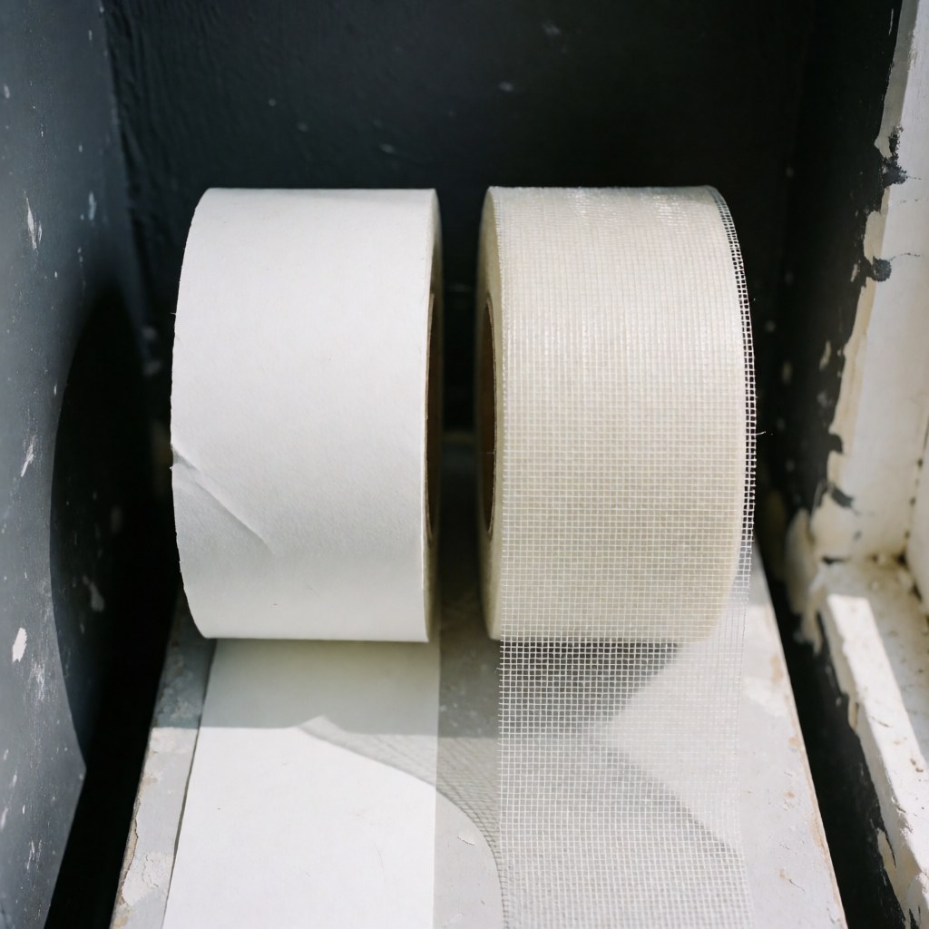 two rolls of wall repair tape, one white paper and one glass mesh, placed on a gray carbon painted wall surface