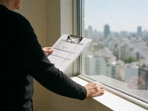 A party coordinator holds a portfolio with an event schedule in front of a window with a city view.