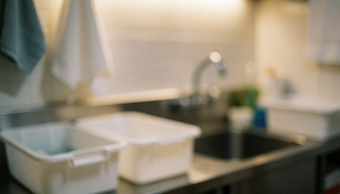Blurred background of a professional kitchen with plastic containers, faucet, and hanging towels, suitable for oven repair text overlays