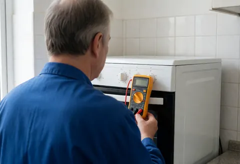 Technician inspects white oven control panel using a yellow multimeter in a bright kitchen with white tile walls and natural light.
