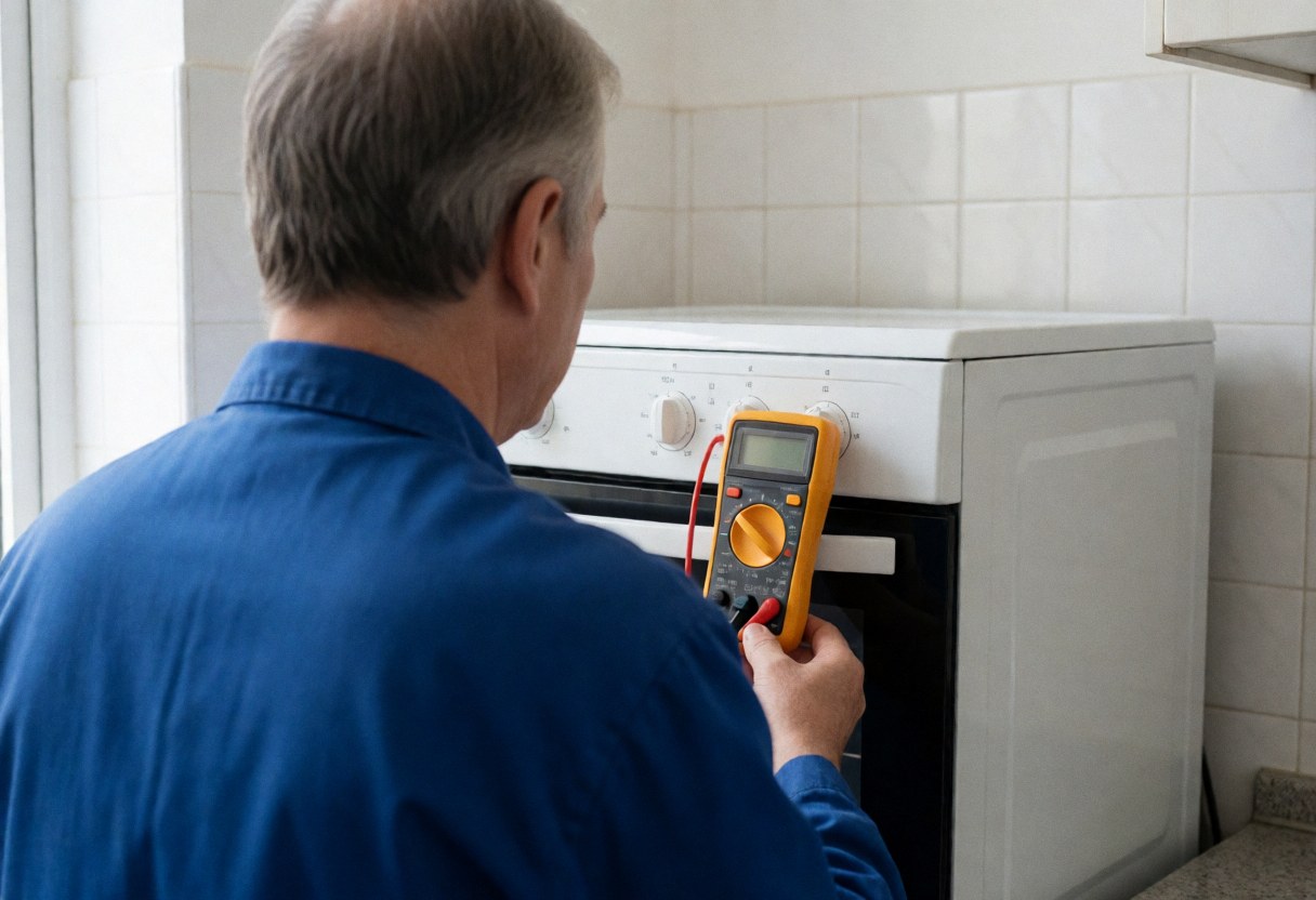 Technician inspects white oven control panel using a yellow multimeter in a bright kitchen with white tile walls and natural light.