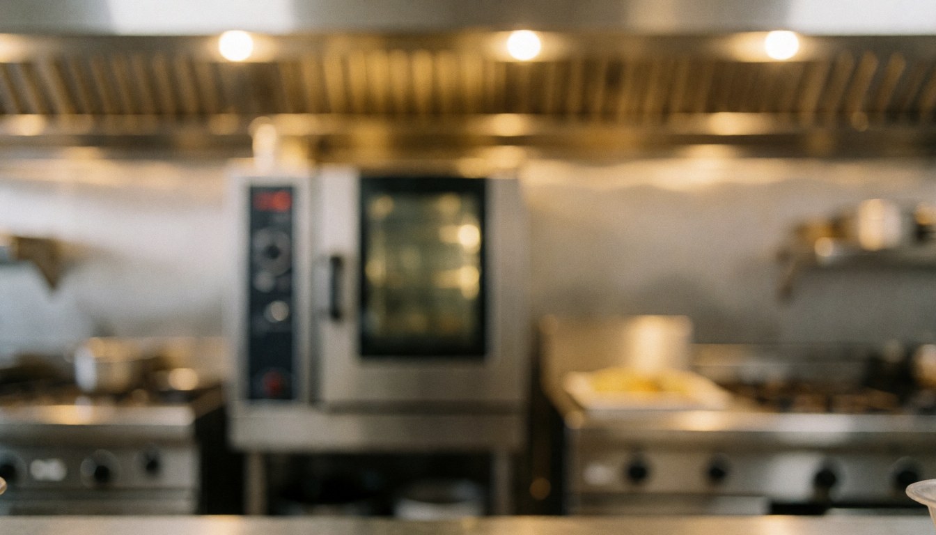Out-of-focus commercial kitchen featuring stainless steel ovens and ventilation under warm lighting, suitable for text overlay