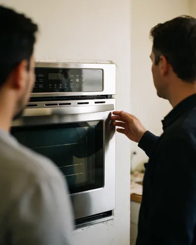 Technician inspecting a stainless steel oven with a white wall background and a customer view from behind