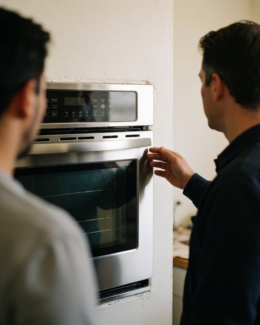 Technician inspecting a stainless steel oven with a white wall background and a customer view from behind
