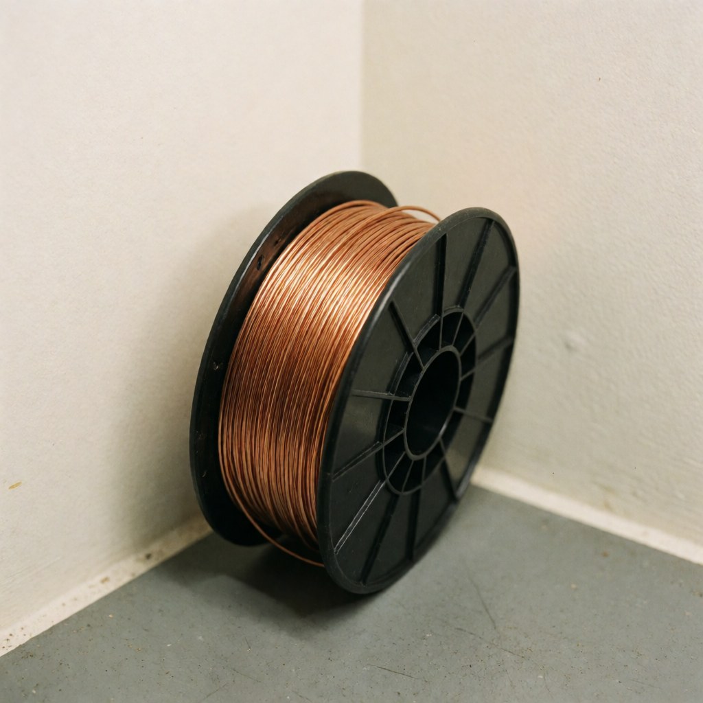 Coil of nickel-chromium wire resting on a gray floor against white walls with soft lighting highlighting the metal texture
