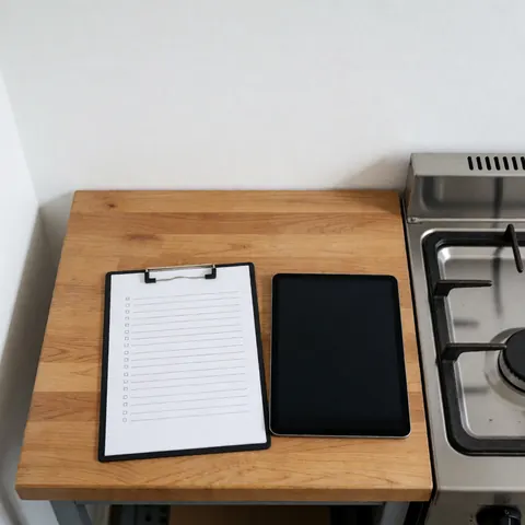 Clipboard with checklist and off tablet on wooden table beside gas oven for professional repair scene