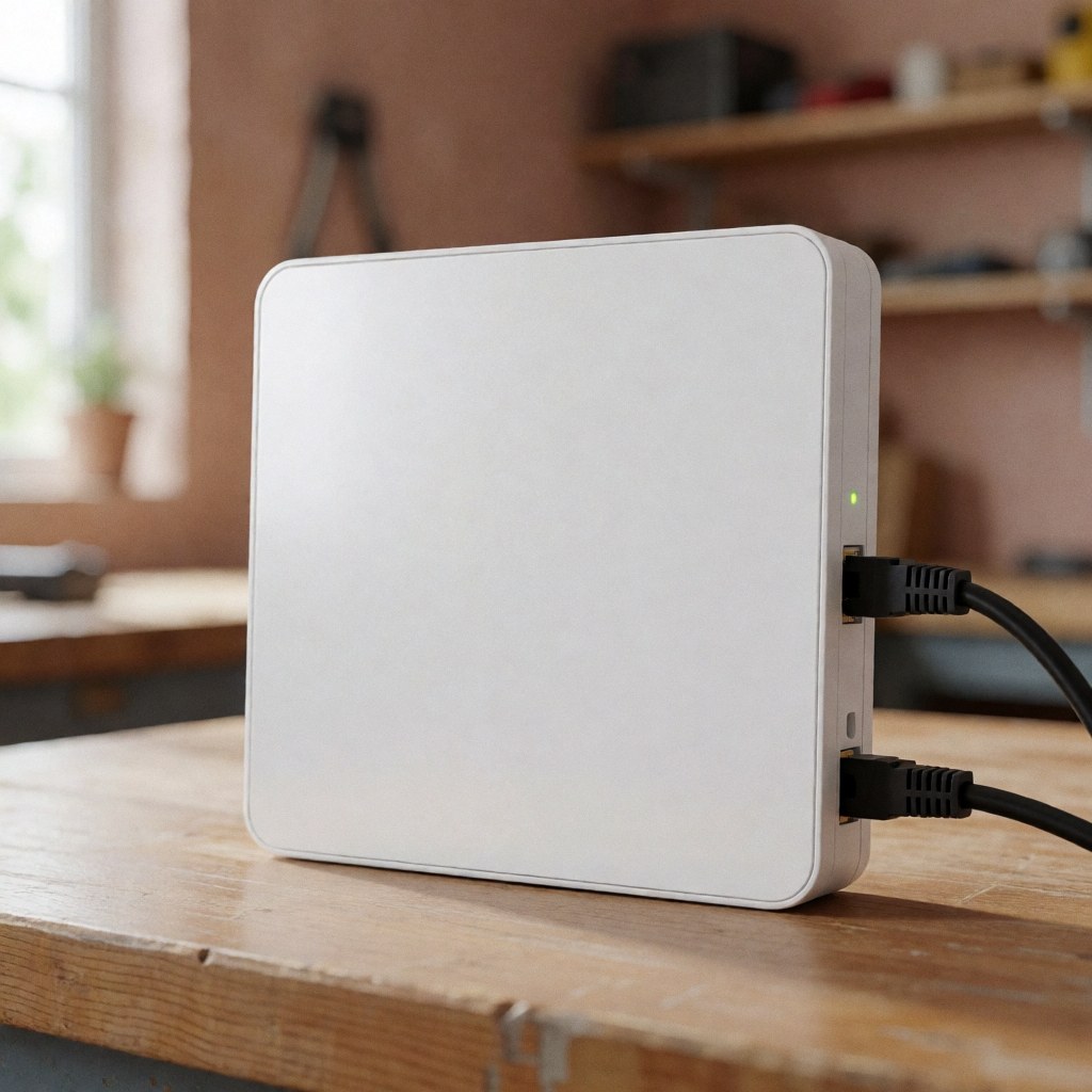 White security alarm control panel connected to an ethernet cable resting on a wooden workbench in a workshop setting