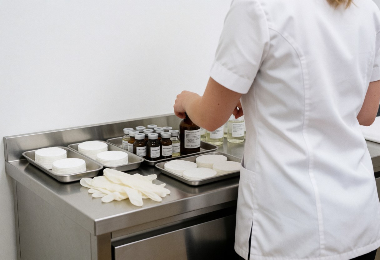 A professional in a white uniform holds a chemical solution bottle from a stainless steel tray, with gloves and cotton pads nearby.